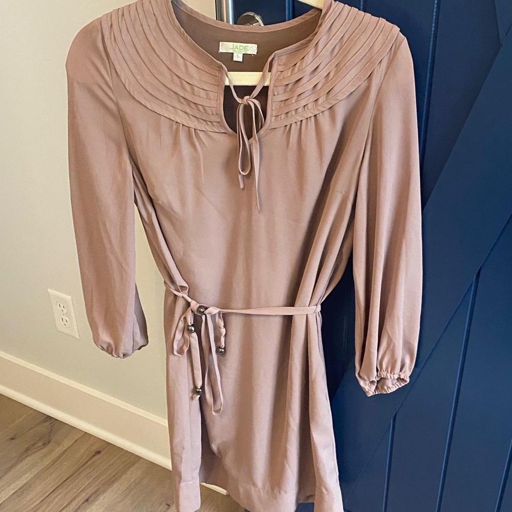 Jade Long Sleeve Camel Dress with Tie Belt